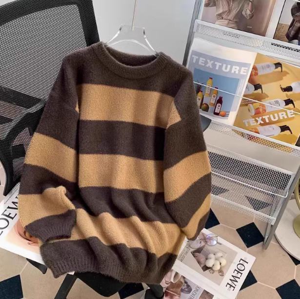 New loose lazy style mink black and white striped mid-length sweater ED0117