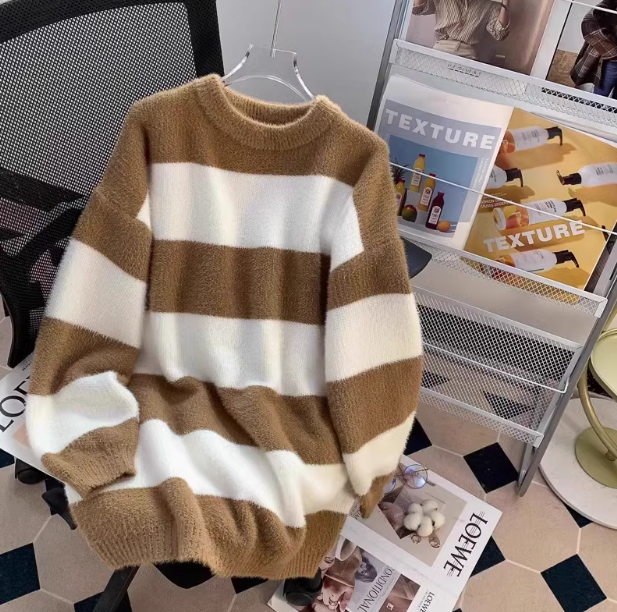 New loose lazy style mink black and white striped mid-length sweater ED0117