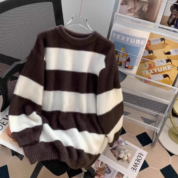 New loose lazy style mink black and white striped mid-length sweater ED0117