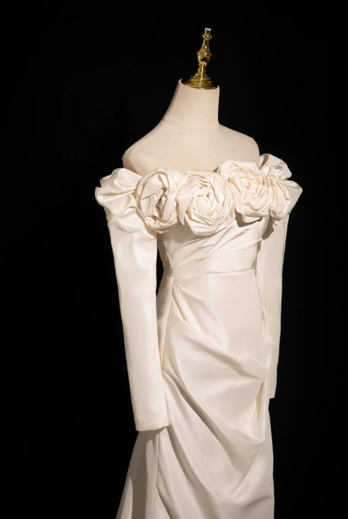 Beige Mermaid Off Shoulder Long Satin Prom Dress, Beige Formal Dress ED01180