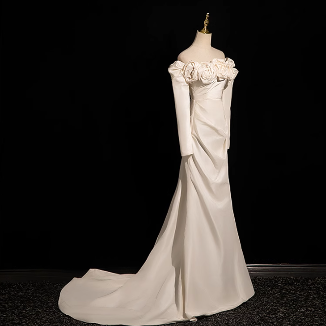 Beige Mermaid Off Shoulder Long Satin Prom Dress, Beige Formal Dress ED01180
