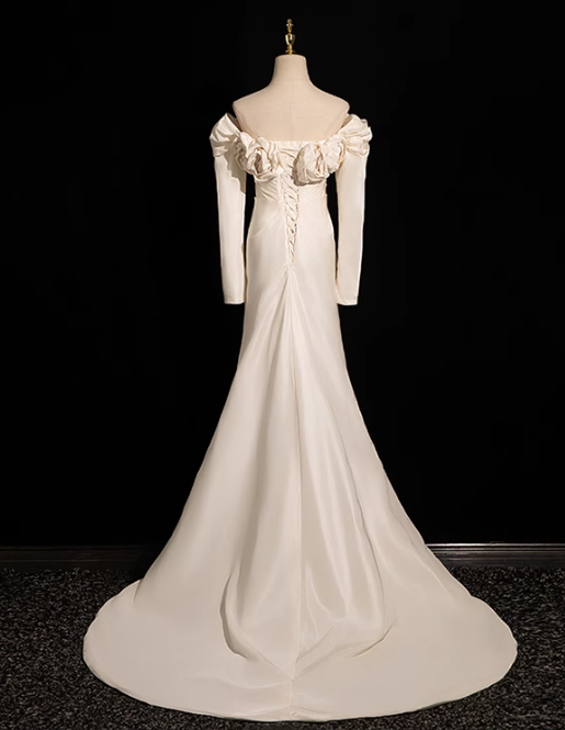 Beige Mermaid Off Shoulder Long Satin Prom Dress, Beige Formal Dress ED01180