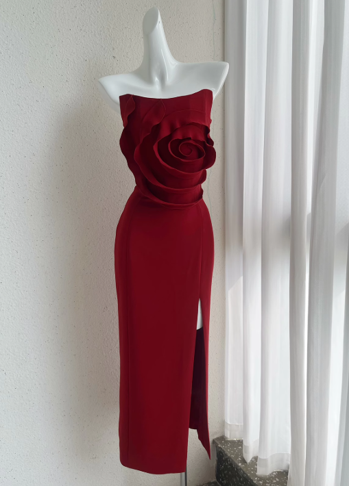 French style 3D rose strapless dress banquet skirt ED01188
