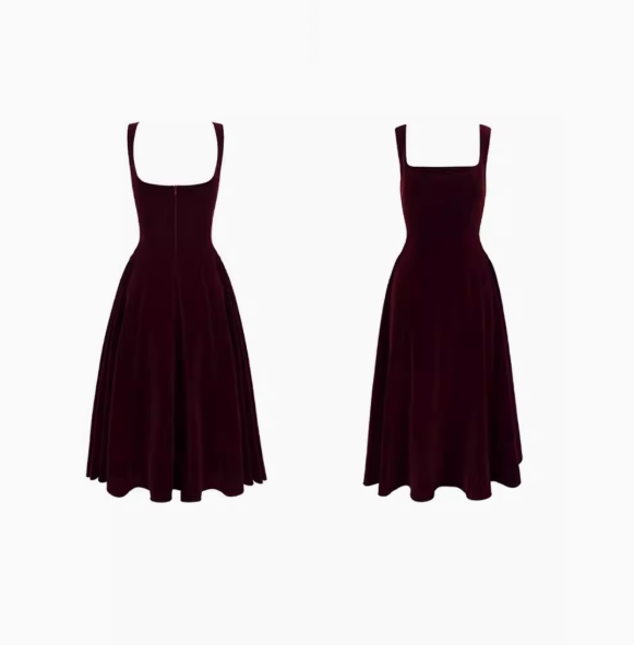 French Retro Burgundy A-Line Square Neck Velvet Dress for Birthday&Graduation ED01193