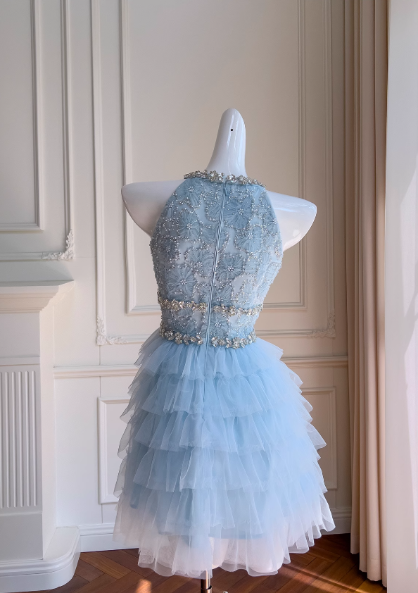 Blue A-line beaded tulle short prom dress, blue homecoming dress ED01199