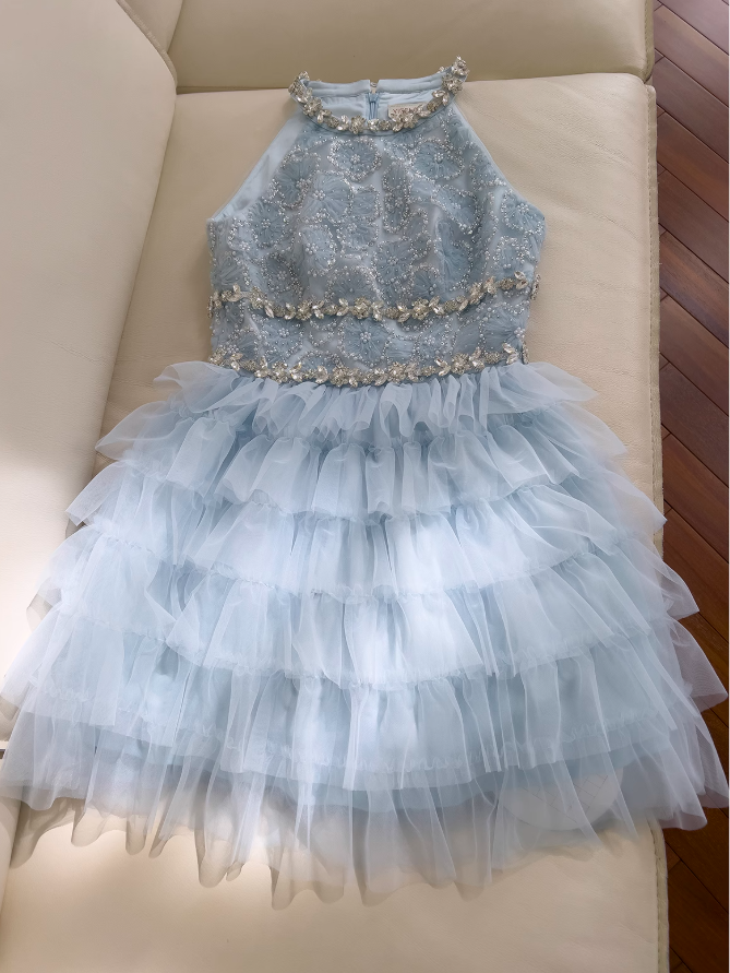 Blue A-line beaded tulle short prom dress, blue homecoming dress ED01199