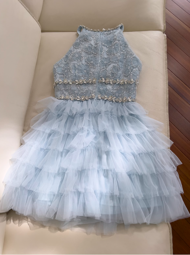 Blue A-line beaded tulle short prom dress, blue homecoming dress ED01199