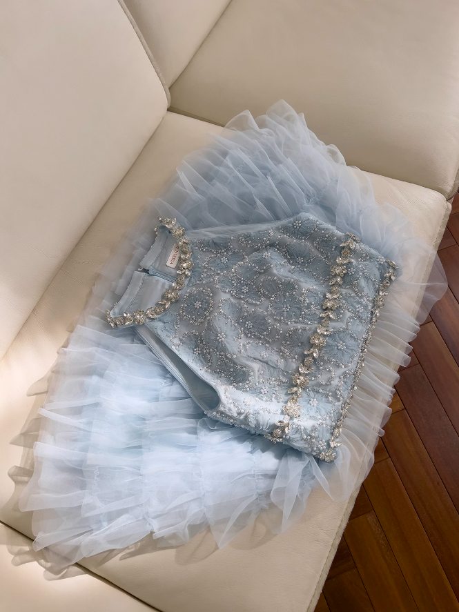 Blue A-line beaded tulle short prom dress, blue homecoming dress ED01199