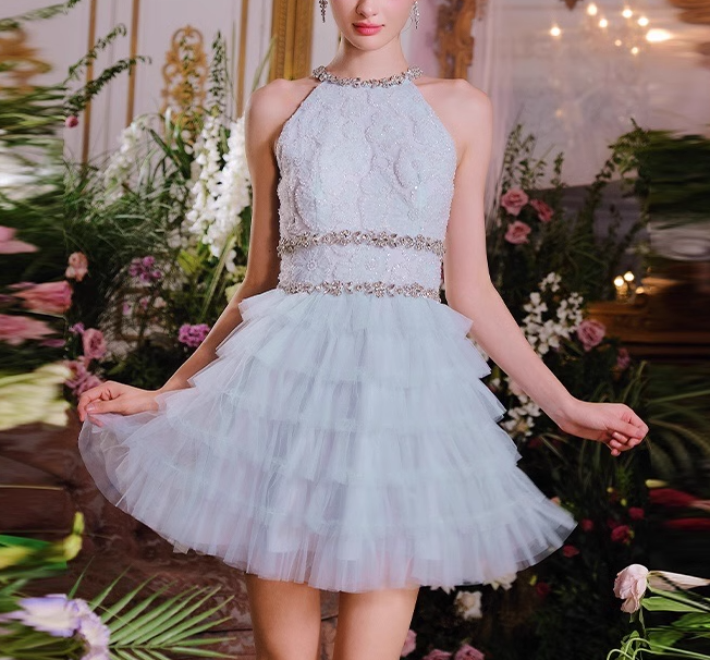 Blue A-line beaded tulle short prom dress, blue homecoming dress ED01199