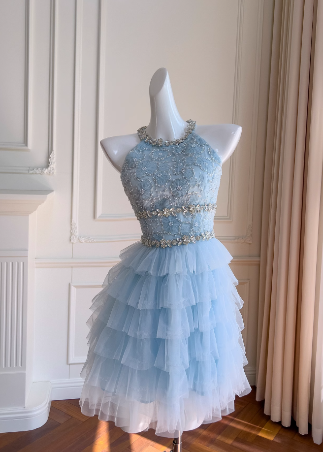 Blue A-line beaded tulle short prom dress, blue homecoming dress ED01199