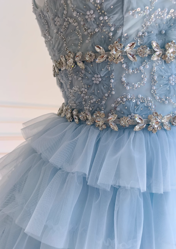 Blue A-line beaded tulle short prom dress, blue homecoming dress ED01199
