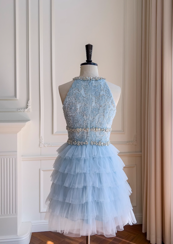Blue A-line beaded tulle short prom dress, blue homecoming dress ED01199
