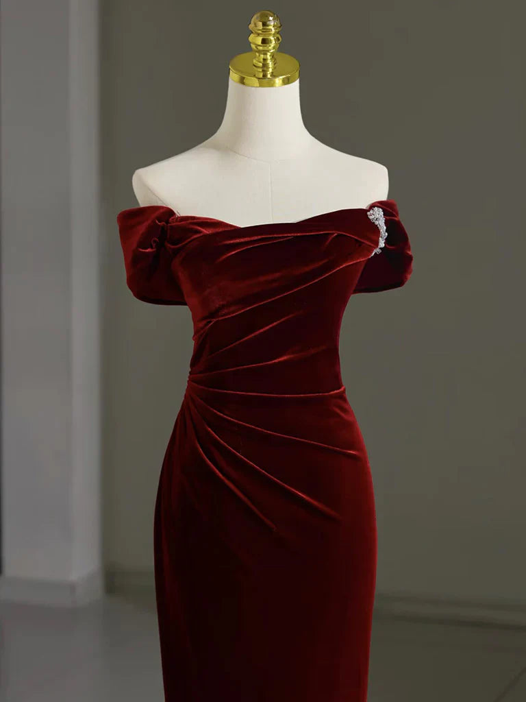 Mermaid Velvet Burgundy Long Prom Dress, Burgundy Long Formal Dress ED012