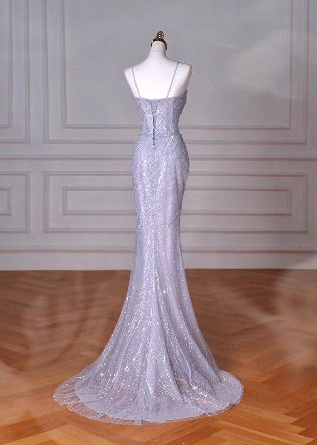 Purple Mermaid Spaghetti Straps Tulle Sequin Long Proml Dress, Formal Party Dress ED01210