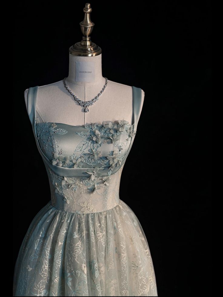 Chic Spaghetti Straps A-line Embroidery Satin Tulle Long Prom Dresses,Sweet 16 Dress With Appliqué ED01211