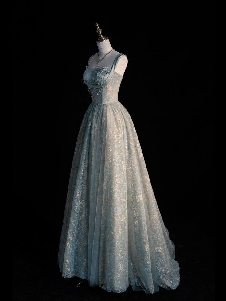 Chic Spaghetti Straps A-line Embroidery Satin Tulle Long Prom Dresses,Sweet 16 Dress With Appliqué ED01211