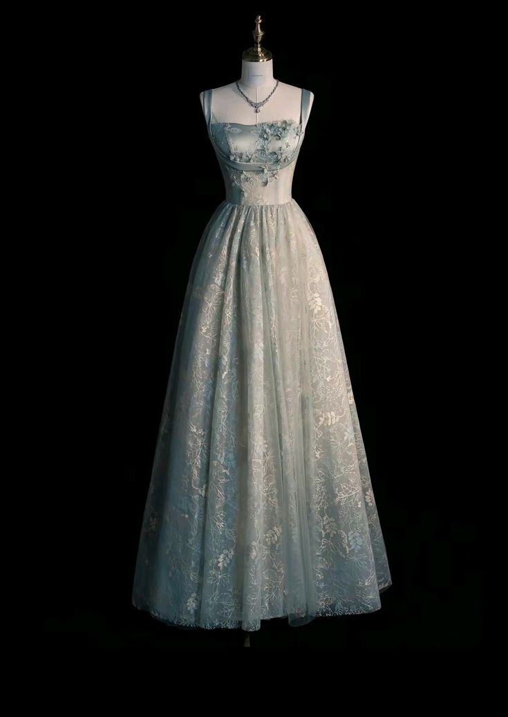 Chic Spaghetti Straps A-line Embroidery Satin Tulle Long Prom Dresses,Sweet 16 Dress With Appliqué ED01211
