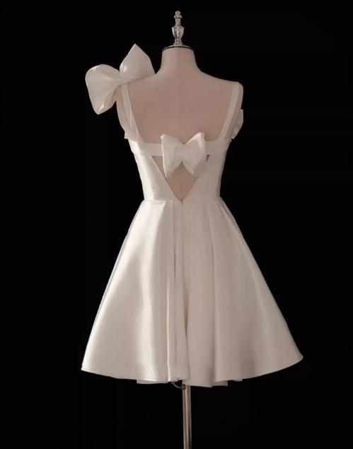 White A-line spaghetti strap satin short prom dress, white bridesmaid dress ED01212