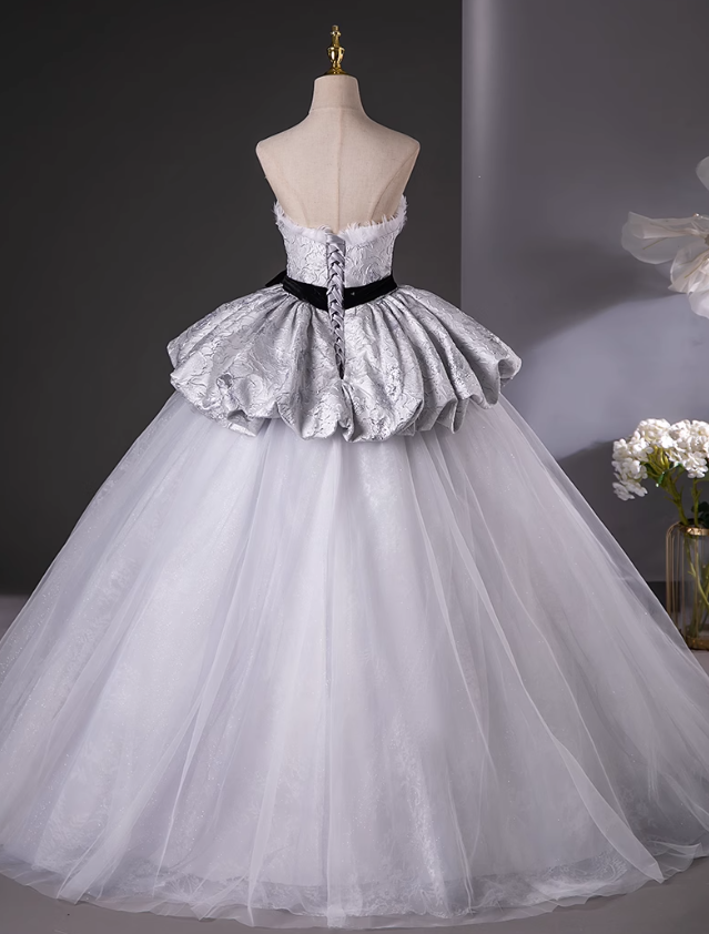 Silver Gray A-Line Sweetheart neck Long Satin Tulle Prom Dress, Silver Gray Formal Dress ED01217