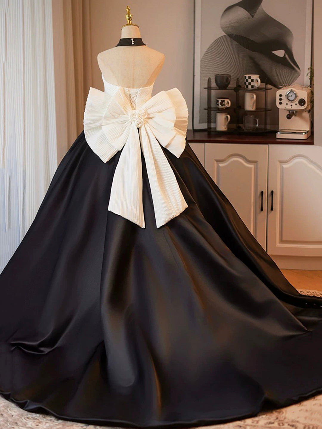 White and Black A-Line Strapless Satin Long Prom Dress, A-Line Formal Evening Party Dress ED01220