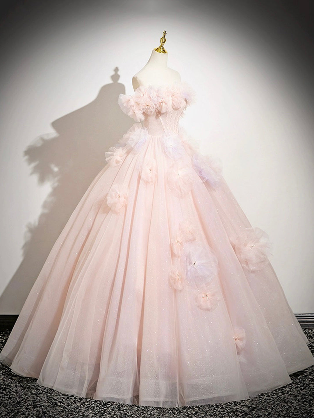 Pink A-Line Off Shoulder Tulle Long Prom Dress, Lovely Evening Sweet 16 Dress ED01222