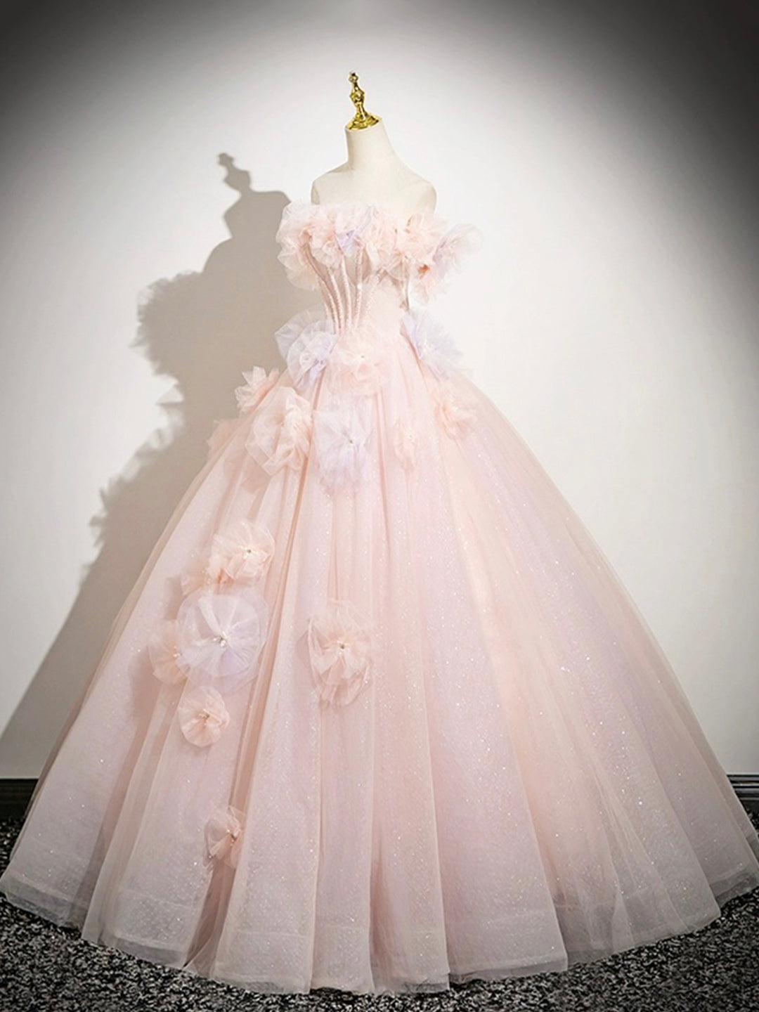 Pink A-Line Off Shoulder Tulle Long Prom Dress, Lovely Evening Sweet 16 Dress ED01222