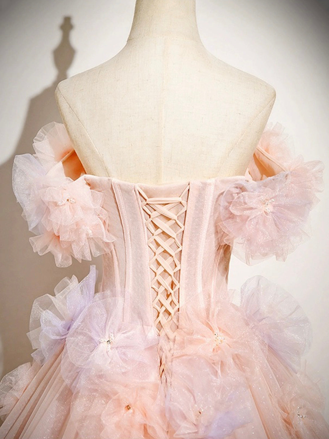 Pink A-Line Off Shoulder Tulle Long Prom Dress, Lovely Evening Sweet 16 Dress ED01222