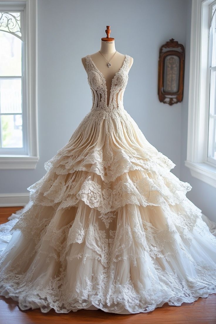 Off-white A-line V-neck Tulle Lace Long Prom Dress, Vintage Wedding Dress ED01224