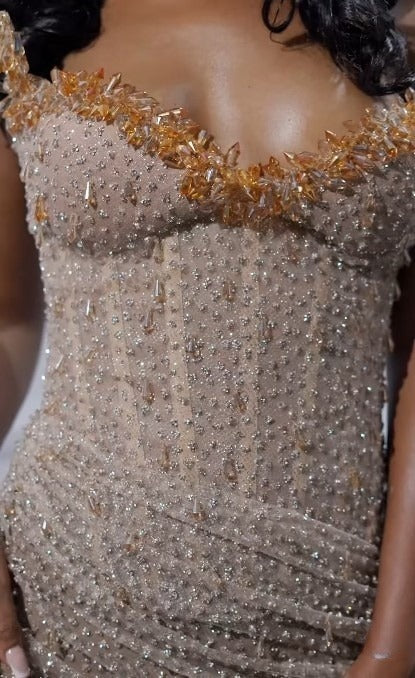 Elegant Strapless Shiny Beaded Sequin Long Prom Dresses Formal Evening Dresses With Slit ED01240