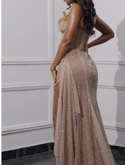 Elegant Strapless Shiny Beaded Sequin Long Prom Dresses Formal Evening Dresses With Slit ED01240