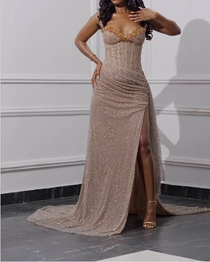 Elegant Strapless Shiny Beaded Sequin Long Prom Dresses Formal Evening Dresses With Slit ED01240