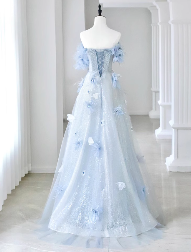 Blue A-line Off-the-shoulder Tulle Sequins Long Prom Dress, Blue Long Formal Dress ED01259