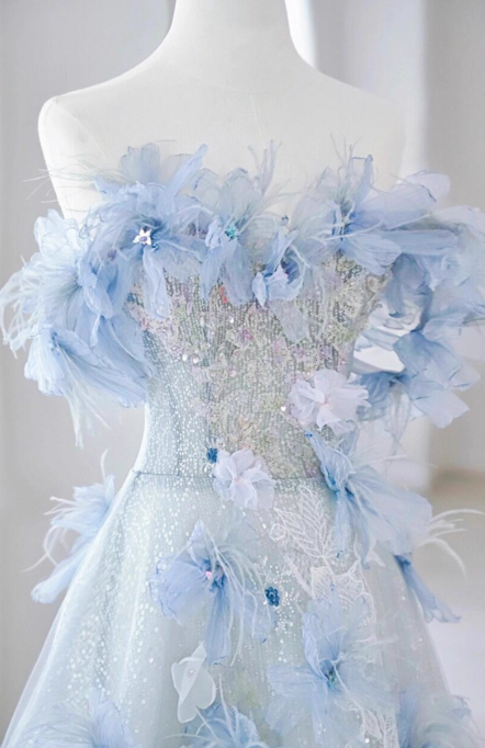 Blue A-line Off-the-shoulder Tulle Sequins Long Prom Dress, Blue Long Formal Dress ED01259