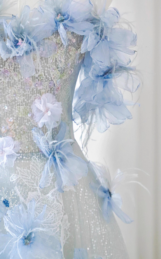 Blue A-line Off-the-shoulder Tulle Sequins Long Prom Dress, Blue Long Formal Dress ED01259