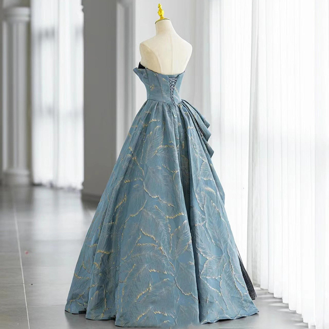 Blue A-line Strapless Black Tulle Long Prom Dress, Formal Prom Dress ED01265