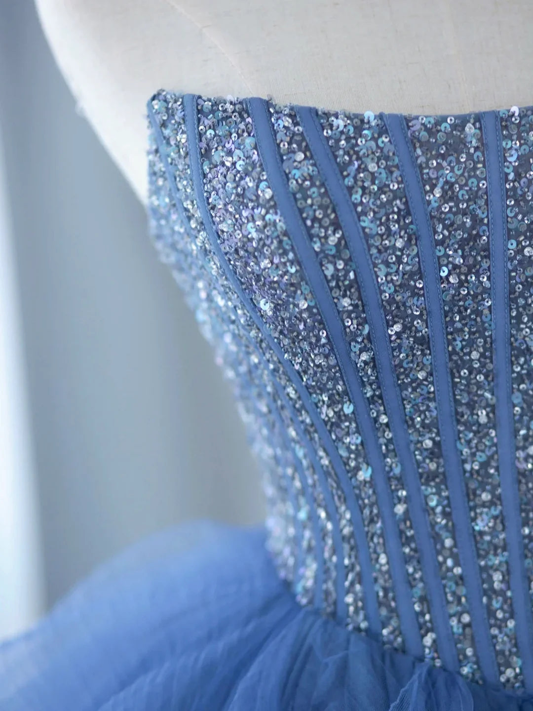 Beautiful A-line Blue Strapless Tulle Sequins Long Prom Dresses ED01269