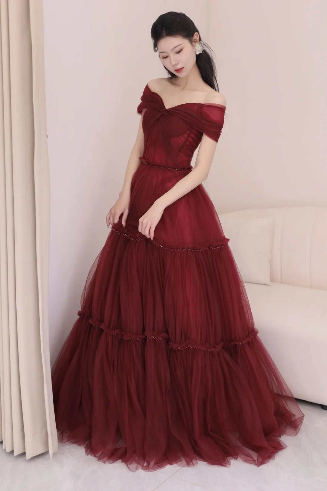 Burgundy A-Line Off Shoulder Tulle Long Prom Dress, Burgundy Long Evening Dress ED01283