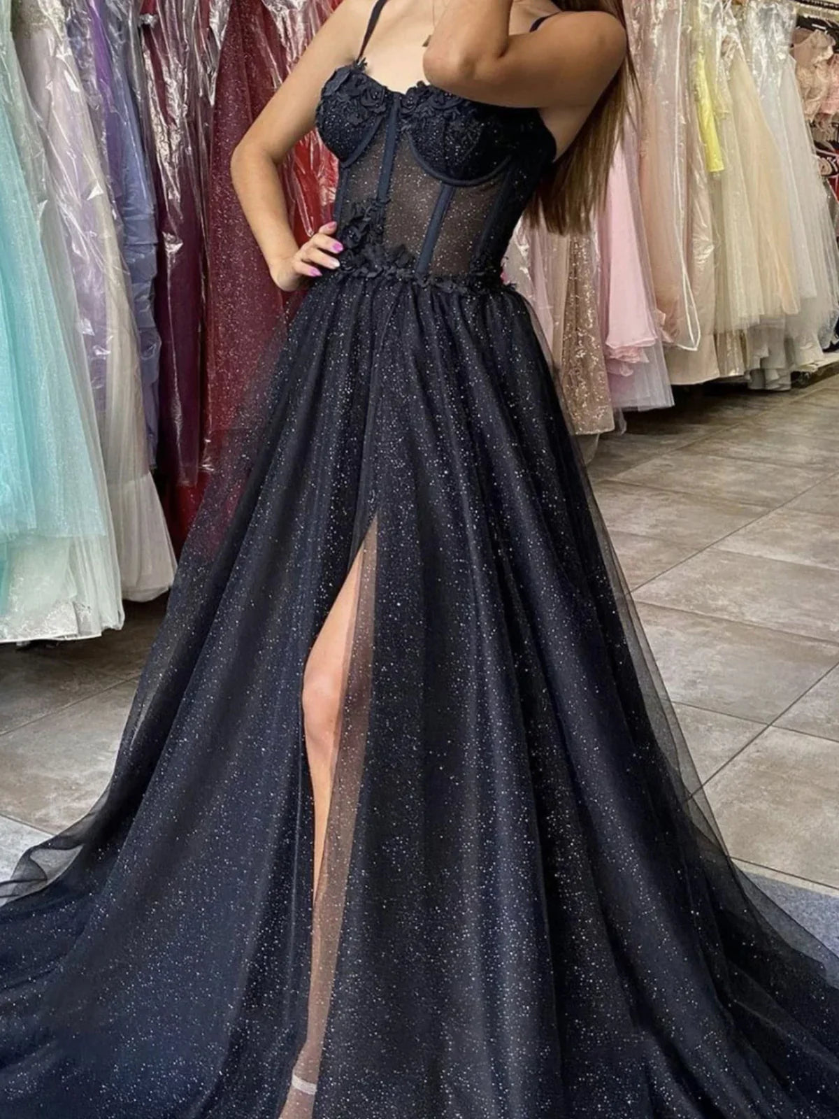Black tulle sequin long prom dress, black tulle evening dress ED01290