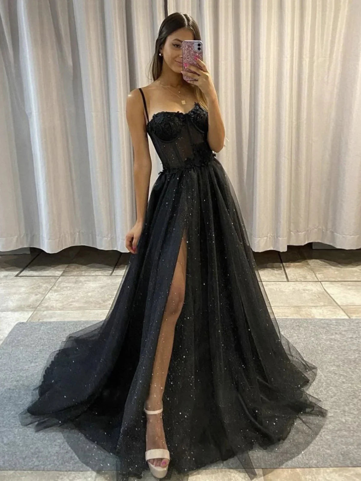 Black tulle sequin long prom dress, black tulle evening dress ED01290