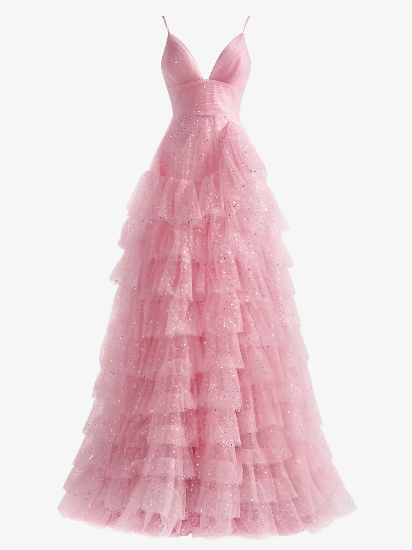 Light Pink A-Line Tiered Spaghetti Straps Tulle Prom Dress,Light Pink Sweet 16 Dress ED01294