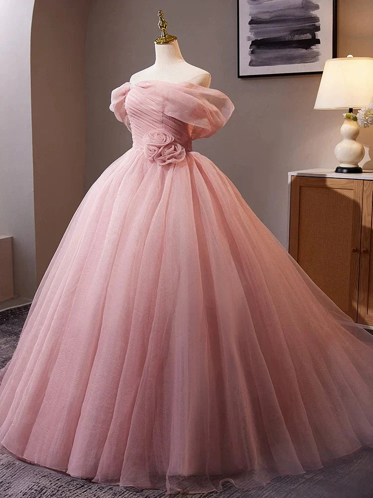 A-Line Off Shoulder Tulle Pink Long Prom Dress, Pink Long Formal Dress ED013