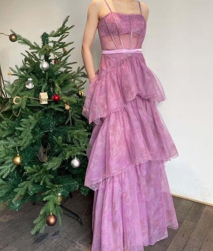 Purple Printed A Line Spaghetti Strap Corset Prom Dress ED01305