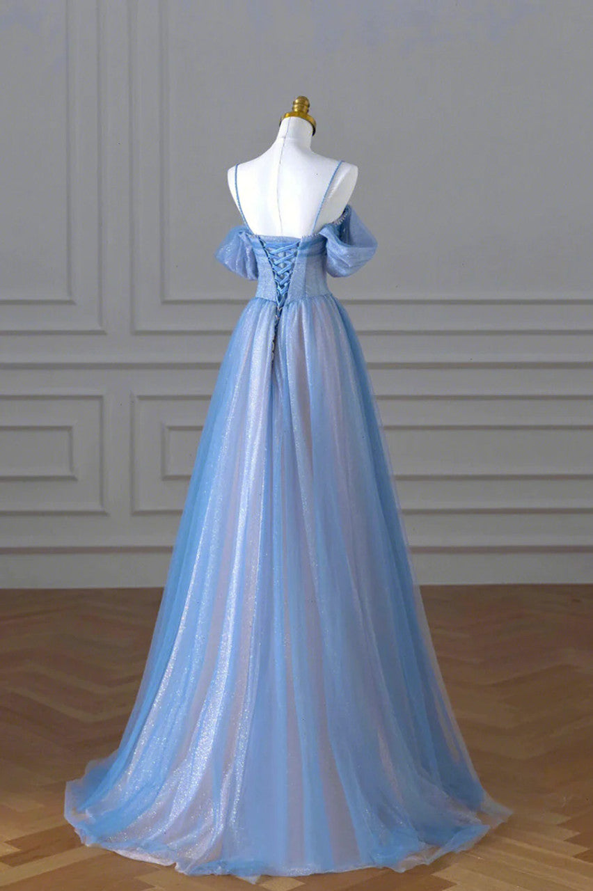 Blue A-Line Tulle Sequins Pearls Spaghetti Straps Prom Dress,Blue Formal Prom Dress ED01307