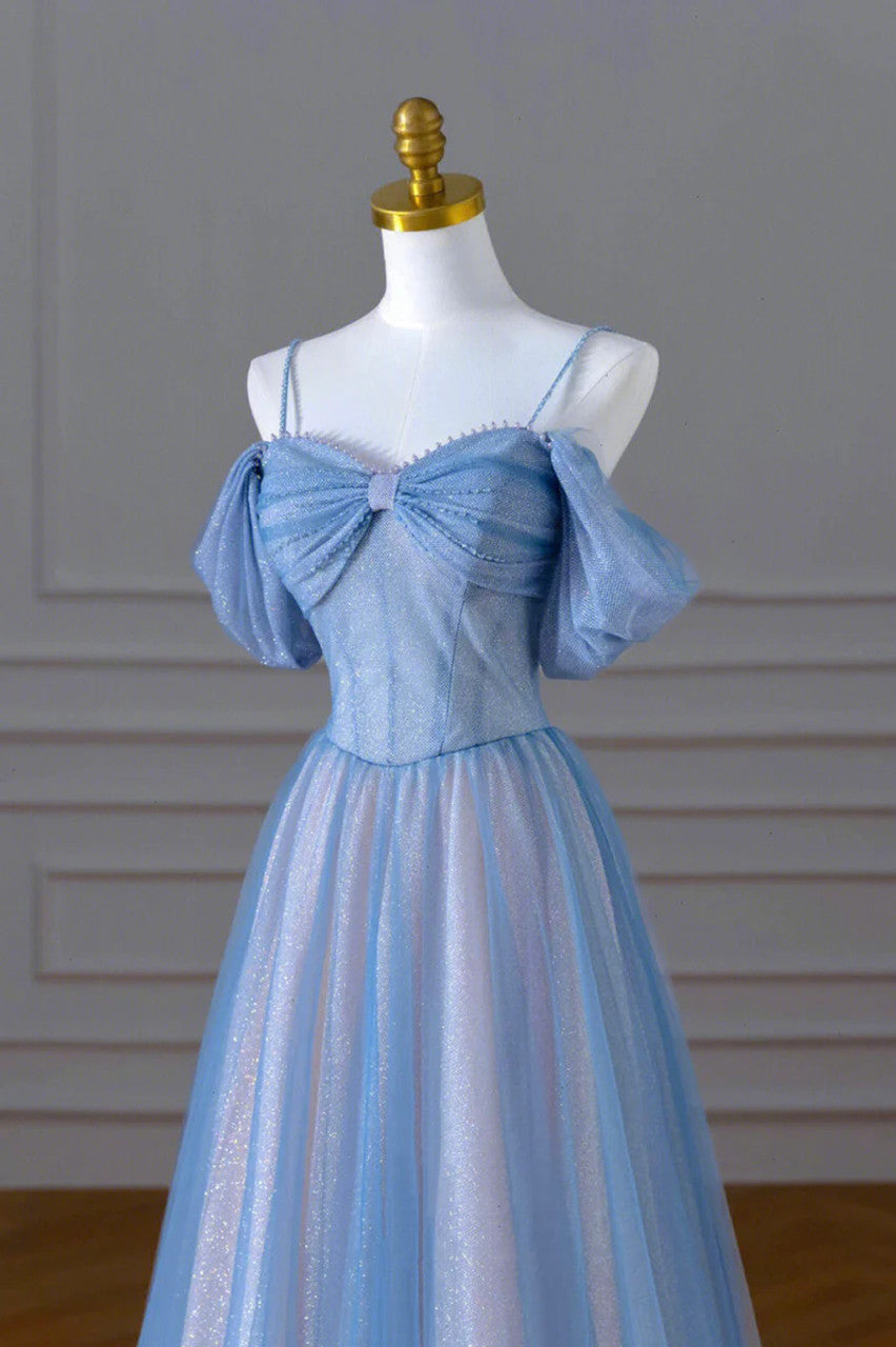Blue A-Line Tulle Sequins Pearls Spaghetti Straps Prom Dress,Blue Formal Prom Dress ED01307