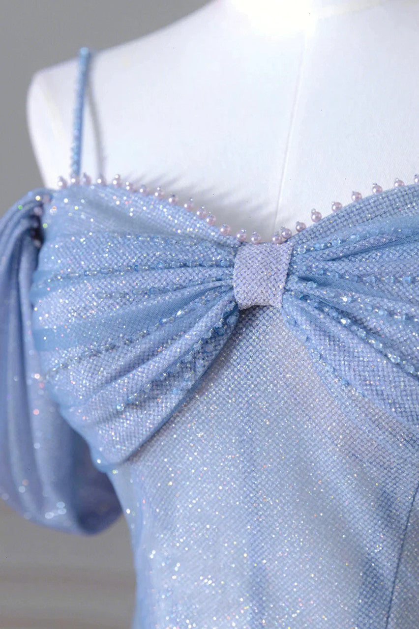 Blue A-Line Tulle Sequins Pearls Spaghetti Straps Prom Dress,Blue Formal Prom Dress ED01307