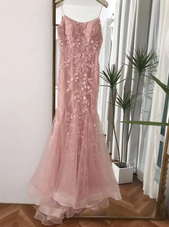 Spaghetti Straps Mermiad Blue Beaded Tulle Sequin Prom Dress with Appliques ED01310