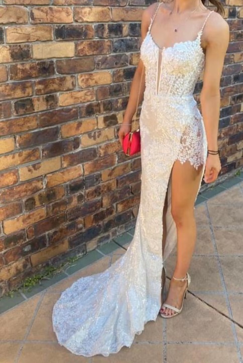 Mermaid Spaghetti Straps Appliques Prom Dress with Slit ED01311