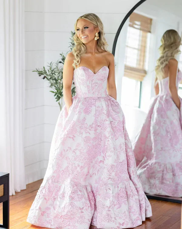 Pink Sweet Heart Neck Beautiful Floral Long Satin Ball Gown Evening Dress Party Dress gh3298