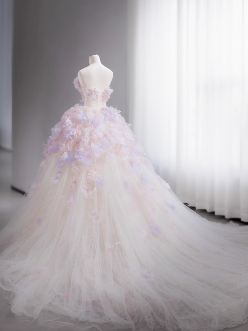A-Line Tulle Sequin Long Prom Dress, Strapless Pink And Purple Three-Dimensional Flower Wedding Dress ED01316