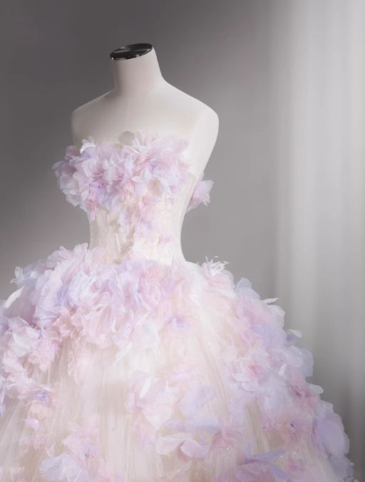 A-Line Tulle Sequin Long Prom Dress, Strapless Pink And Purple Three-Dimensional Flower Wedding Dress ED01316